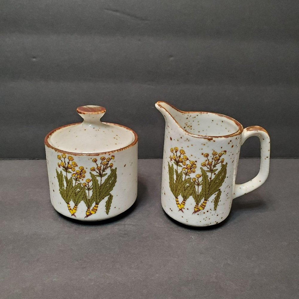 Vintage Japanese Ceramics Creamer Sugar, 1970s Floral Stoneware Yellow Flowers